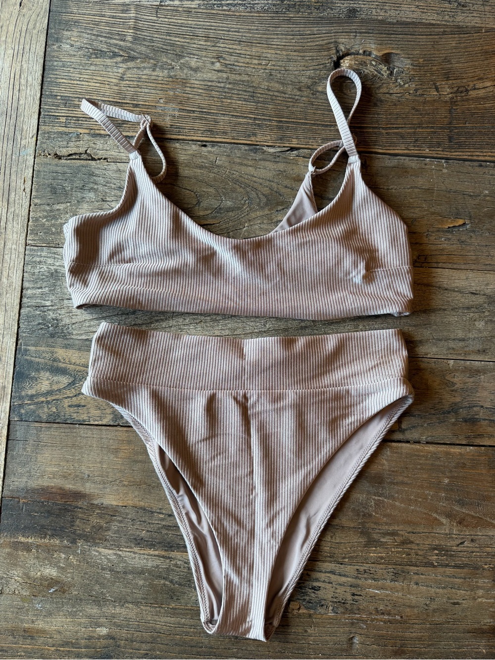Ribbed Scoop Bralette & High-Waist Swim 2-pc Set - Blush